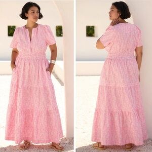 Anthropologie The Somerset Maxi Dress In Raspberry Pink & White Printed Tiered
